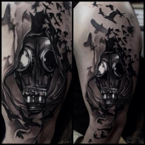 Flying Birds And Grey Ink Gas Mask Tattoo
