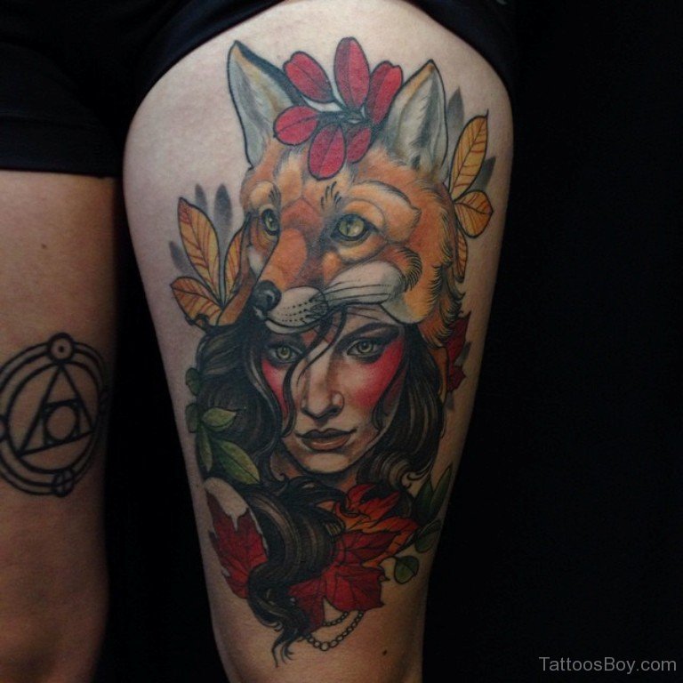 Fox Head Girl Tattoo On Left Thigh