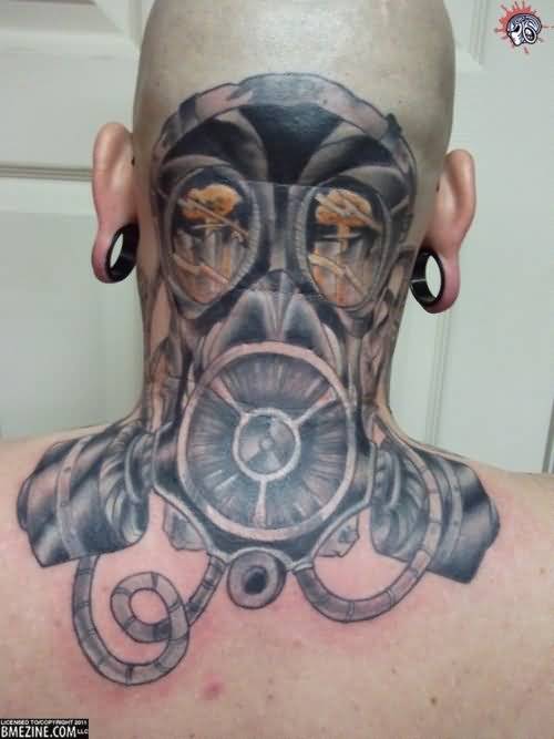 Gas Mask Tattoo On Back Head For Men