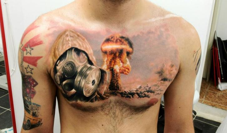 Gas Mask Tattoo On Man Chest