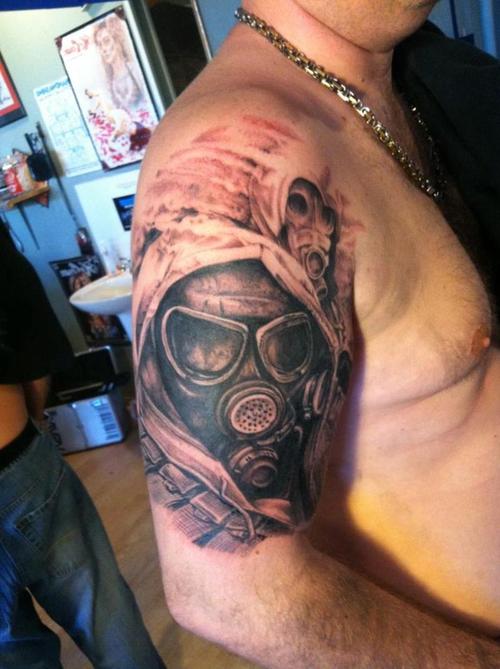 Gas Mask Tattoo On Man Right Half Sleeve