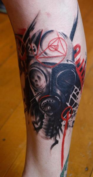 Geometric Gas Mask Tattoo On Leg