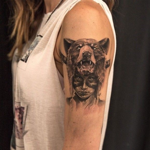 Girl Left Shoulder Grey Ink Bear Girl Tattoo