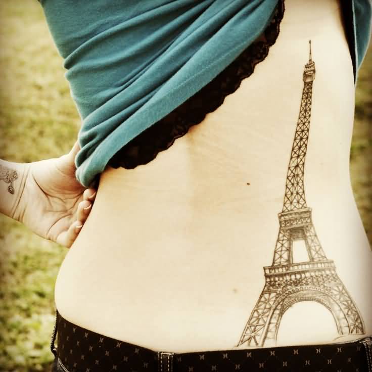 Girl Lower Back Eiffel Tower Tattoo