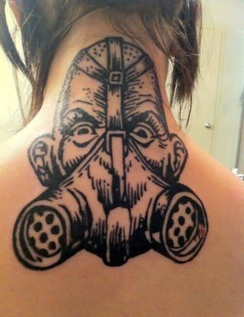 Girl Upper Back Gas Mask Tattoo