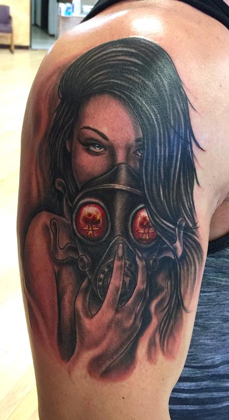 Girl With Zombie Gas Mask Tattoo On Shoulder