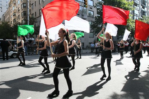 Girls Performing With Flags During Columbus Day Parade In New York City