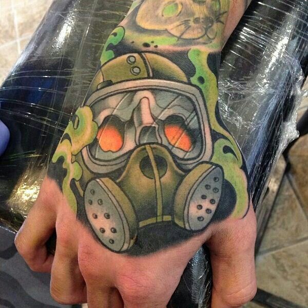 Green Ink Gas Mask Tattoo On Right Hand