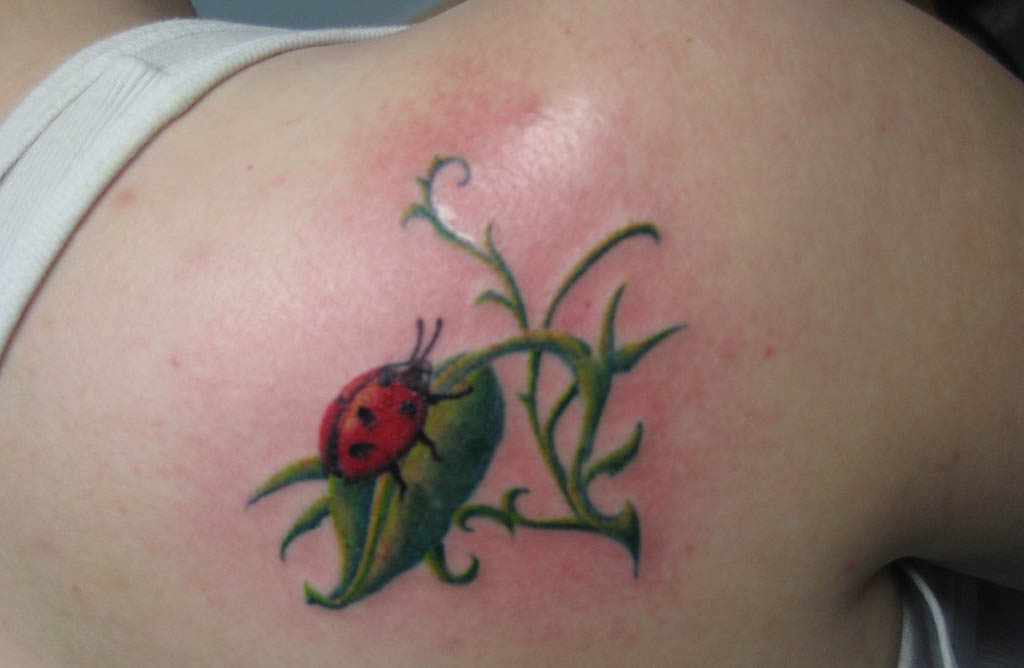 Green Leaves Ladybug Tattoo On Back Shoulder