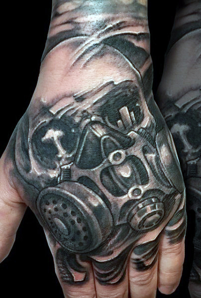 Grey Ink Atomic Gas Mask Tattoo On Left Hand