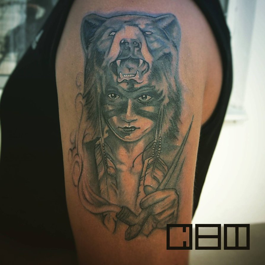 Grey Ink Bear Girl Tattoo On Left Half Sleeve