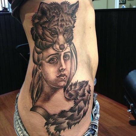 Grey Ink Fox Head Girl Tattoo On Side Rib