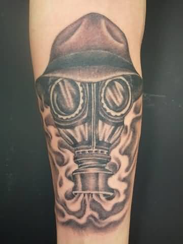 Grey Ink Gas Mask Tattoo On Arm