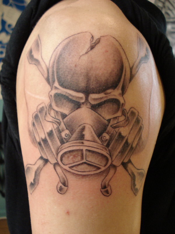 Grey Ink Gas Mask Tattoo On Shoulder