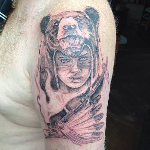 Grey Ink Left Half Sleeve Bear Girl Tattoo