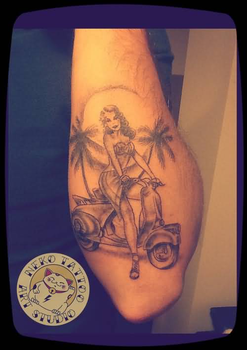 Grey Ink Palm Trees And Vespa Tattoo On Left Arm