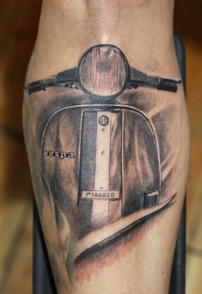Grey Ink Vespa Scooter Tattoo On Left Forearm