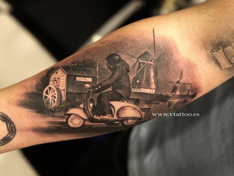 Grey Ink Vespa Tattoo On Arm Sleeve