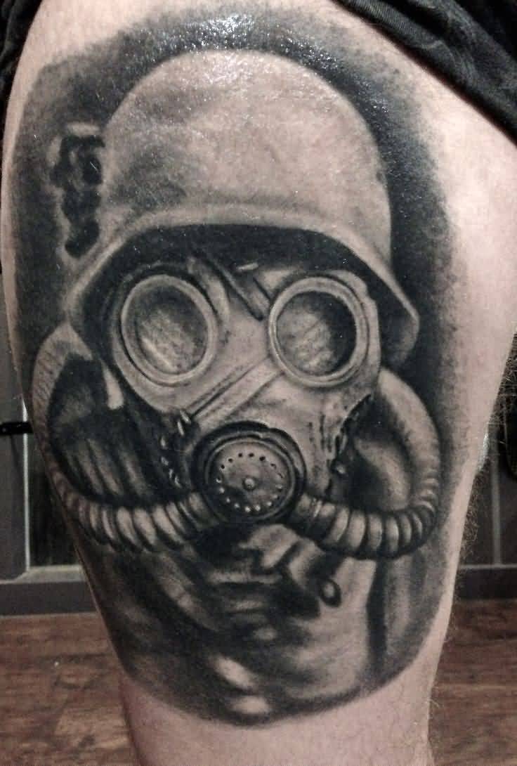 Grey Ink Zombie Gas Mask Tattoo On Thigh by Kristen Sorrenson