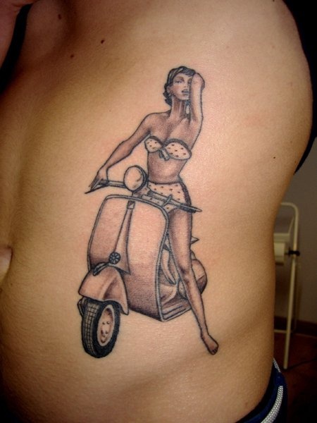Grey Pinup Girl On Vespa Tattoo On Side Rib