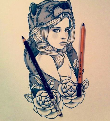 Grey Rose Flowers And Bear Girl Tattoo Design