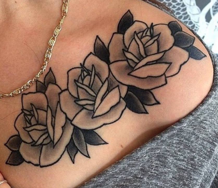 Grey Rose Flowers Tattoos On Front Shoulder