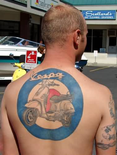 Grey Scooter Tattoo On Man Upper Back