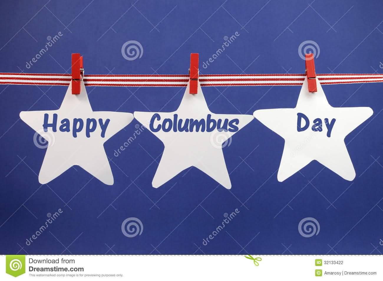 Happy Columbus Day 2016 Greetings Written On White Stars Hanging On Red Stripes