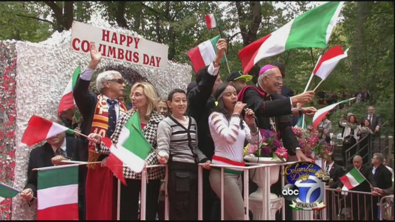 Happy Columbus Day Parade People On Float Picture