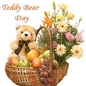 Happy Teddy Bear Day Teddy Bear With Flowers And Fruits In Basket Picture