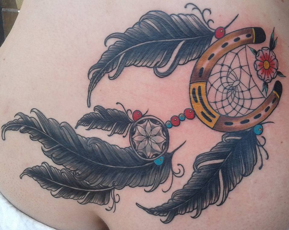 Horse Shoe Dreamcatcher Tattoo On Stomach by Kyle Kemp