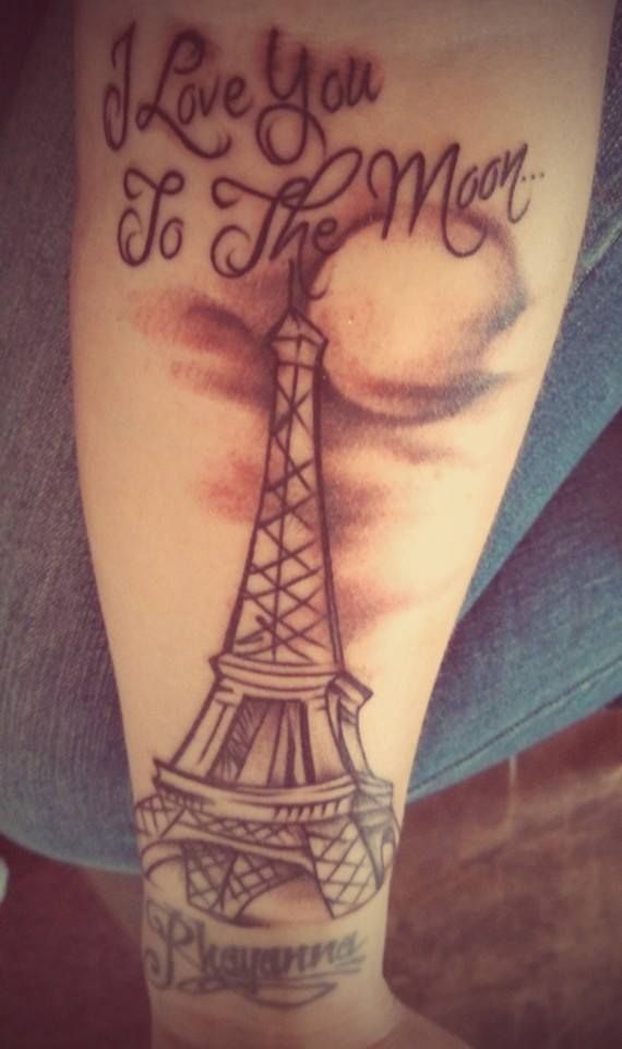 I Love You To The Moon Eiffel Tower Tattoo On Arm Sleeve
