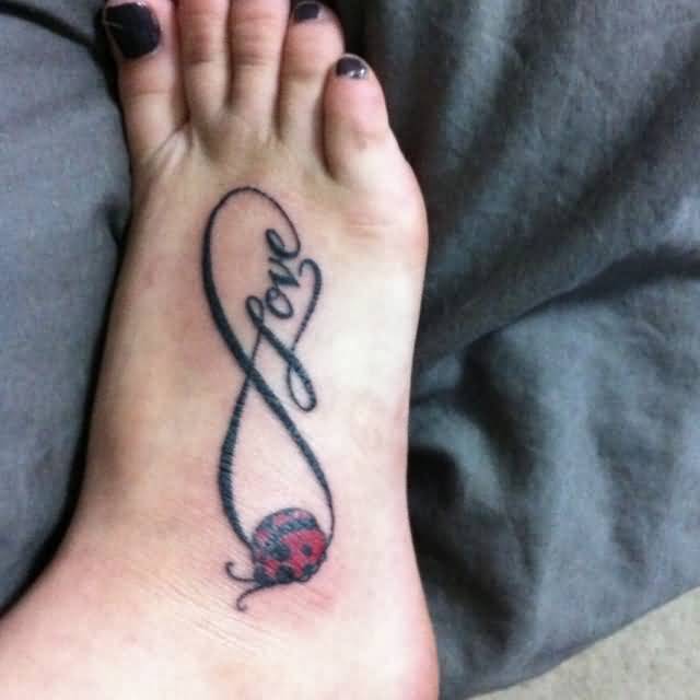 Infinity Love And Ladybug Tattoo On Right Foot