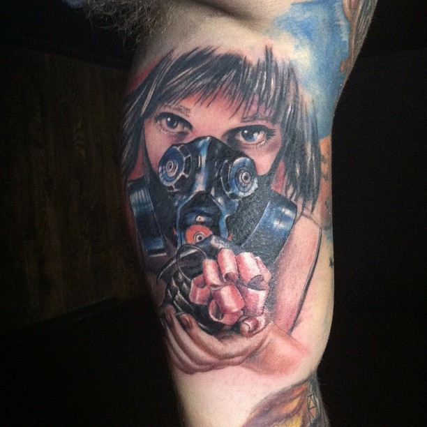 Inner Bicep Color Ink Gas Mask Tattoo