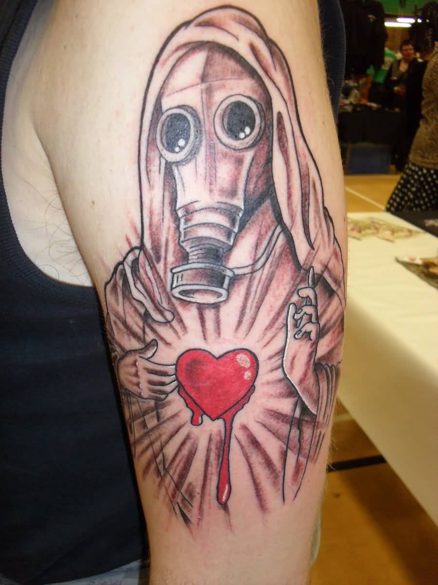 Jesus With Gas Mask Tattoo On Left Half Sleeve