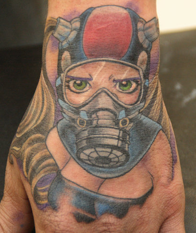 Kid With Gas Mask Tattoo On Left Hand