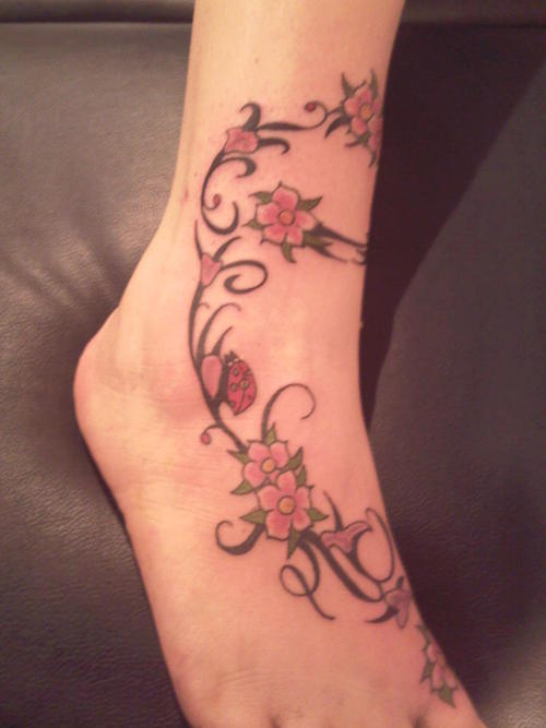 Ladybug On Flowers Tattoo On Right Ankle