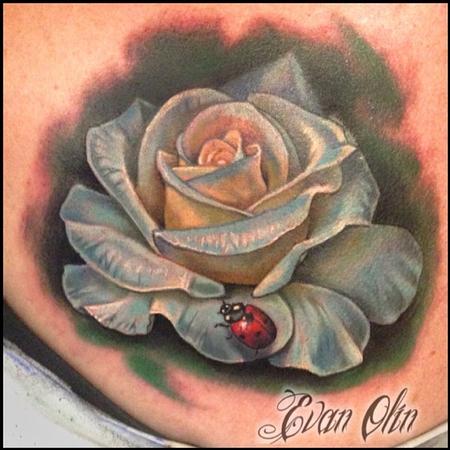 Ladybug On White Rose Flower Tattoo
