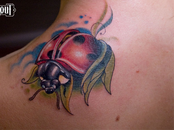 Ladybug Tattoo On Left Back Shoulder