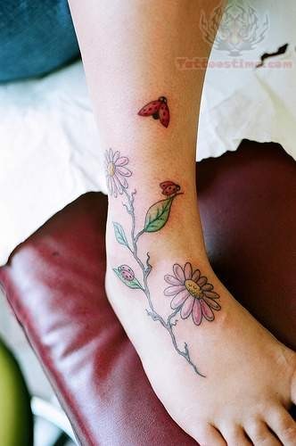 Ladybugs On Flower Tree And Flying Ladybug Tattoo On Right Foot