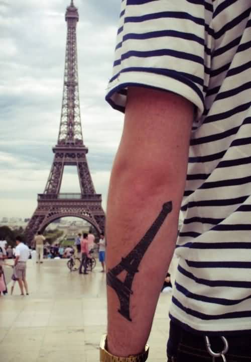 Left Arm Eiffel Tower Tattoo For Men