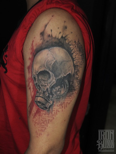 Left Bicep Gas Mask Skull Tattoo