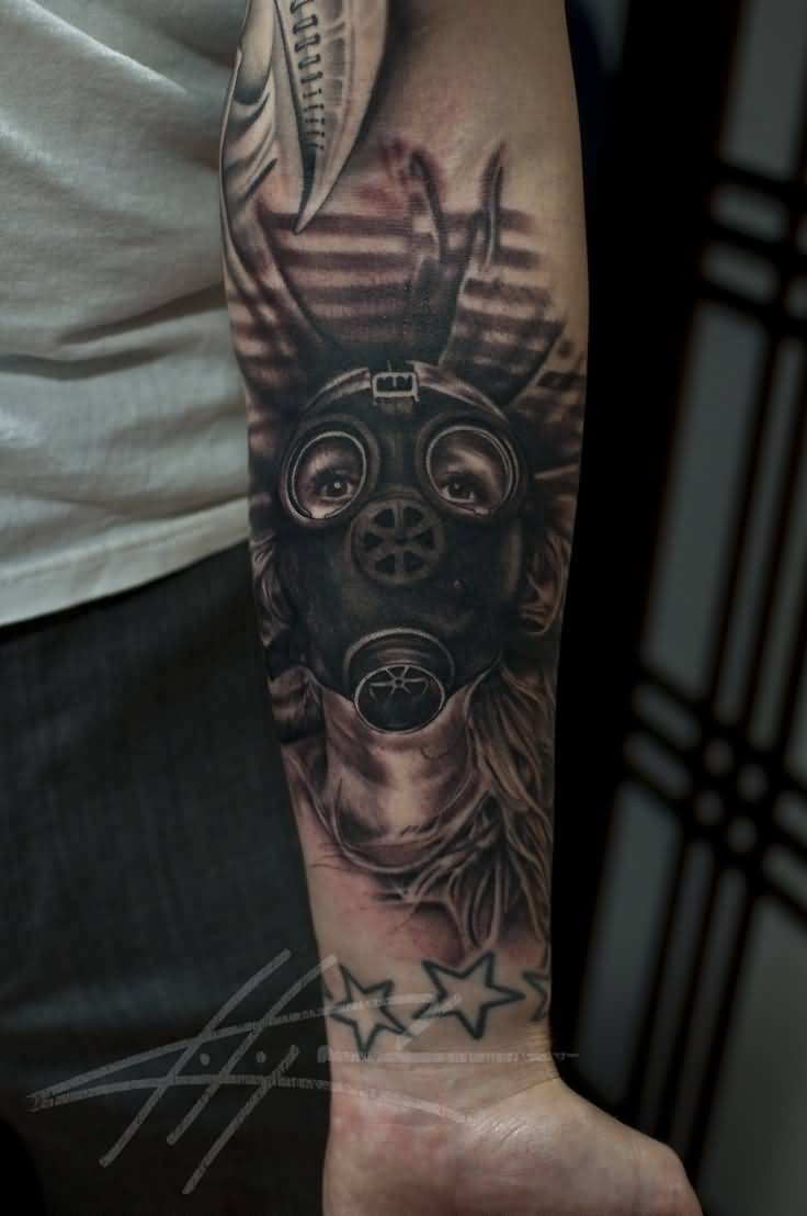 Left Forearm Gas Mask Tattoo
