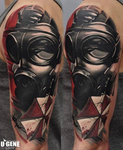 Left Half Sleeve Black And Red Ink Gas Mask Tattoo