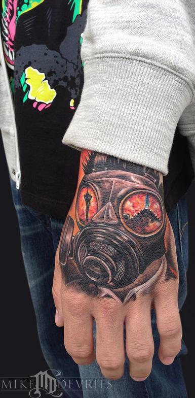 Left Hand Gas Mask Tattoo by Mike Devries