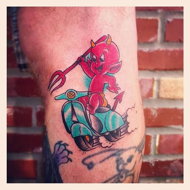 Little Devil On Scooter Tattoo On Leg