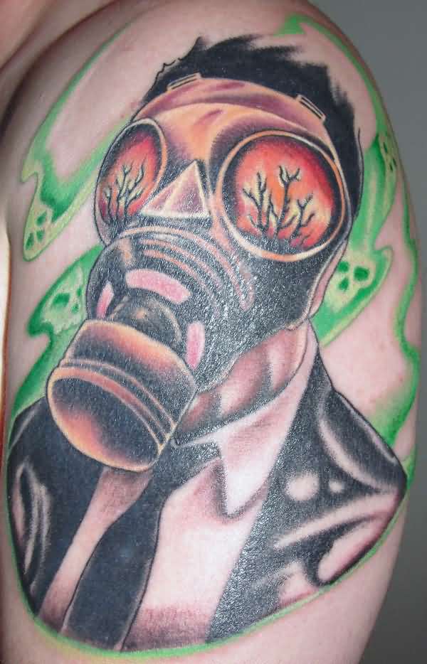 Man Left Shoulder Gas Mask Tattoo