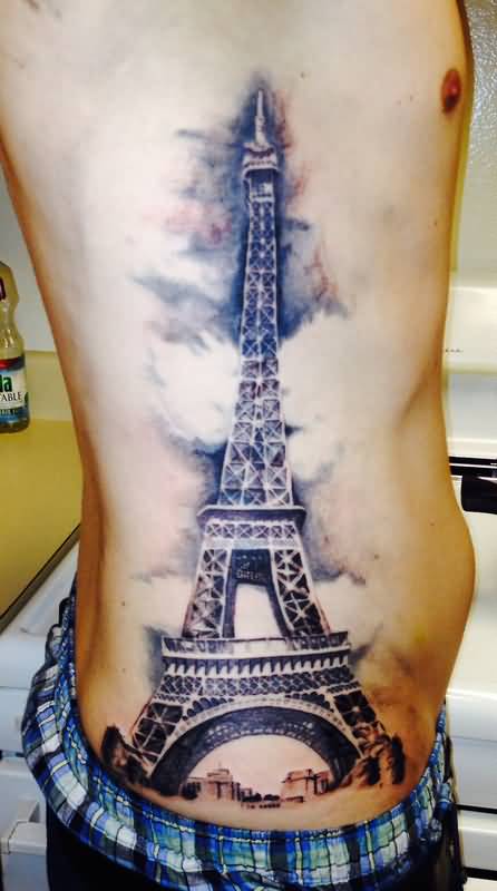 Man Side Rib Eiffel Tower Tattoo