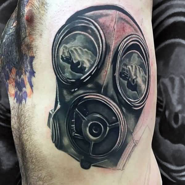 Man Side Rib Realistic Gas Mask Tattoo