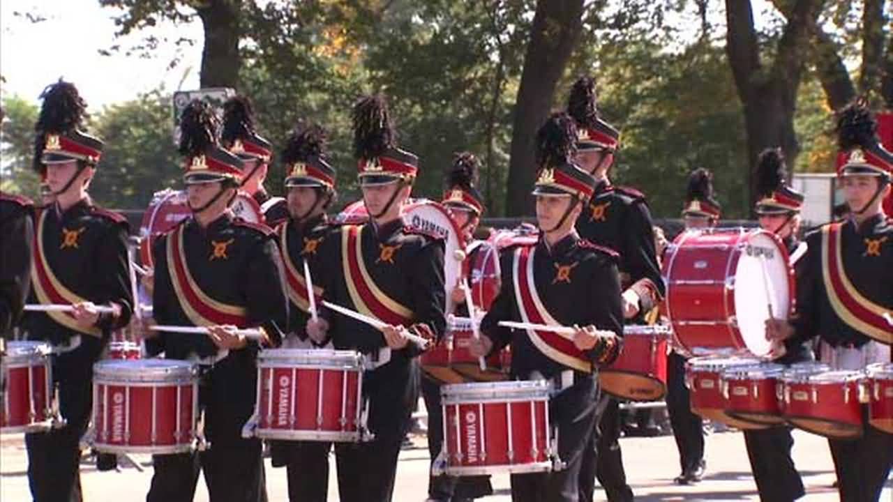 Marching Band Performing In Columbus Day Parade In Chicago